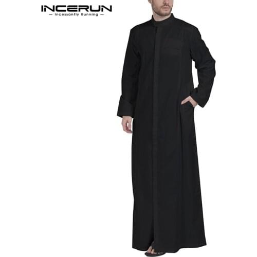 INCERUN Men Muslim Clothes Solid Color Jubba Thobe Long Sleeve Stand Collar Robes Dubai Middle East Men Islamic Arabic Kaftan