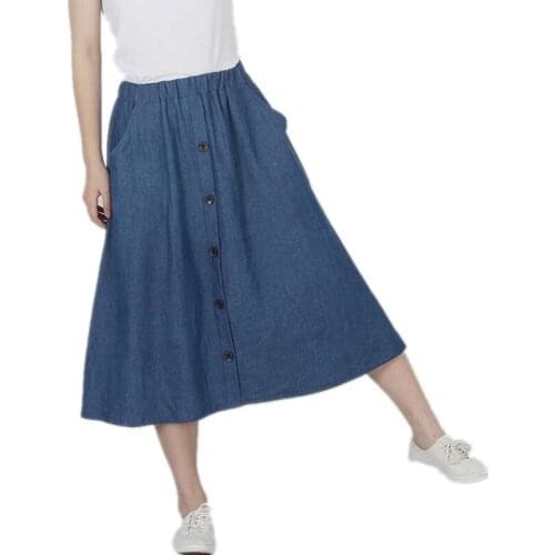 New 2020 Autumn Women Denim Long Skirt High waist Pleated Skirt Female Elastic Waist Cotton Casual Skirt Skirts Women S381