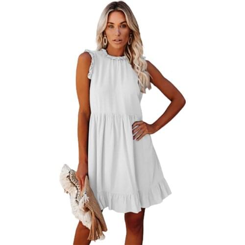 New Design Good Quality Factory Price Fashion Hot Selling Womens Solid Color Ruffled Round Neck Sleeveless Dress