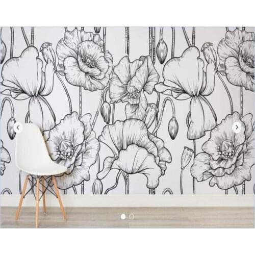 Custom papel de parede floral, Black and White Illustrated Flowers for living room TV wall vinyl papel DE parede
