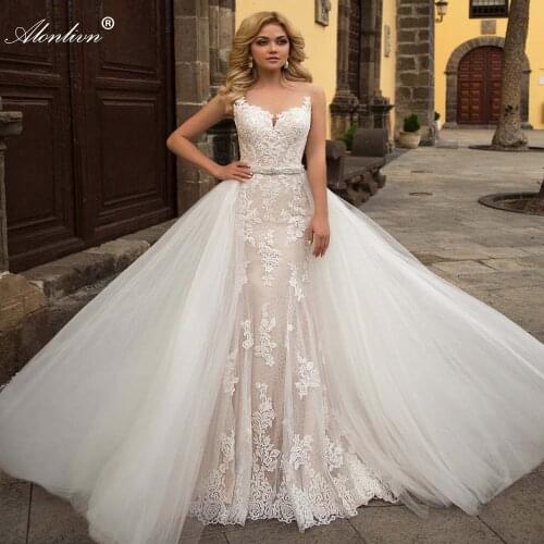 Alonlivn Charming 2 In 1 Tulle Skirt Of Mermaid Wedding Dresses With Delicated Belt