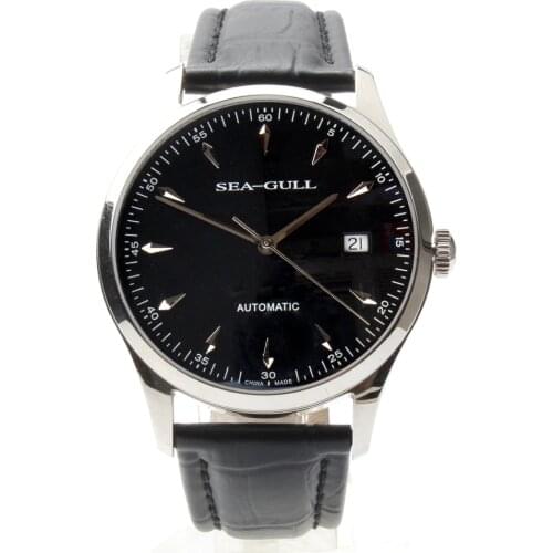 Genuine Seagull Sea-Gull D819.447 Leather Strap Watches Stainless Steel Silver PVD Coated Automatic Mechanical Mens Watch