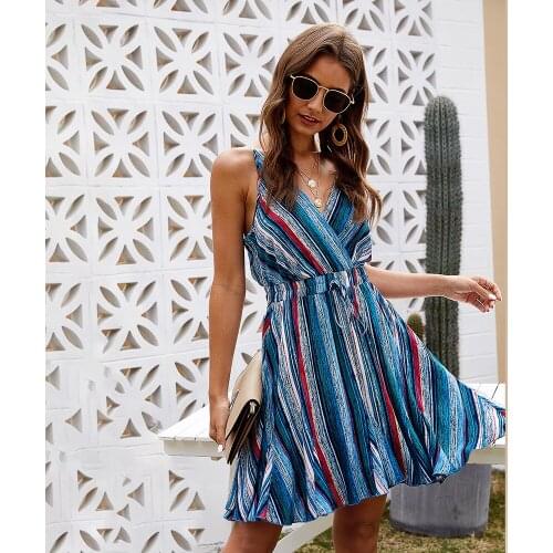 Slip Dress Women Summer Fashion Clothing 2021 Sexy V Neck Striped Mini Dresses Spaghetti Strap Backless A Line Sundress Ladies
