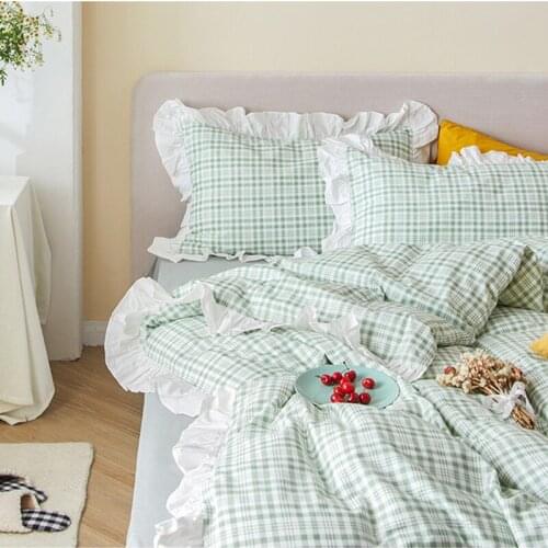 Cilected Green Plaid 100% Cotton Quilt Cover Pillowcase Korean Ins Simple Lotus Leaf Lace Quilt Core Protective Cover Home Decor