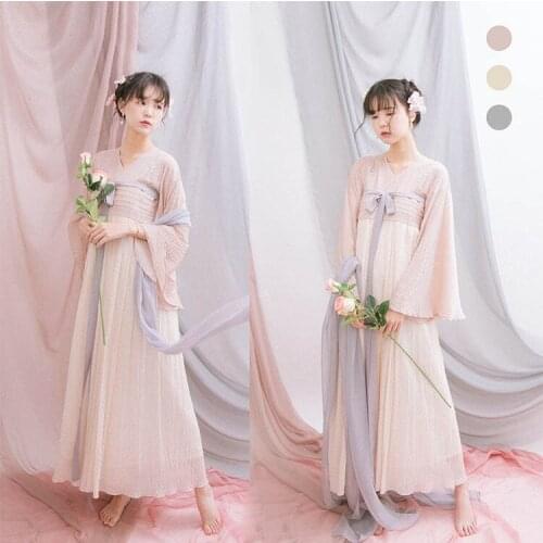 QI LUO XIANG--Elegant Chinese Tradition Hanfu Pink Solid Ruqun Dress Flare Sleeves Vintage Mori Girl Dress One-Piece Short/Long