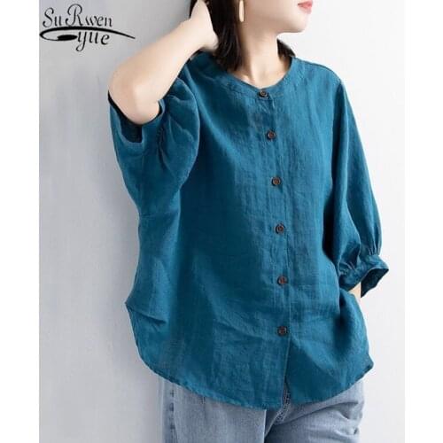 Puff Sleeve Summer Linen Shirts Women Plus Size Clothing Ladies Loose Vintage Tops Short Sleeve Female Shirt Blouse Casual 13626