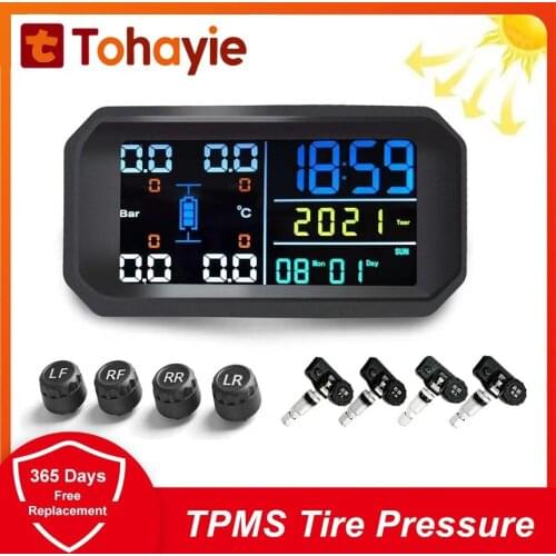 Solar Tire Pressure Monitoring System TPMS Smart Tyre Pressure Sensor With 4 External Internal Sensors Auto Temperature Alarm