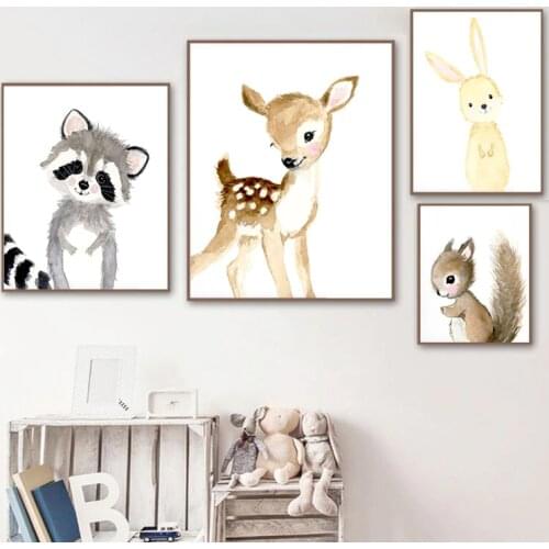 Nursery Kid Bedroom Decoration Watercolor Deer Squirrel Wall Art Canvas Poster and Print Cartoon Painting Pictures Home Decor