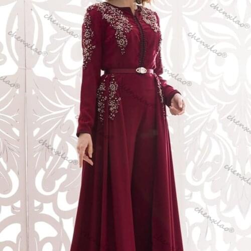 Saudi Arabian Turky Evening Dresses O Neck Appliques Belt Full Sleeves With Pants Train Celebrity Occasion Vestido De Fiesta