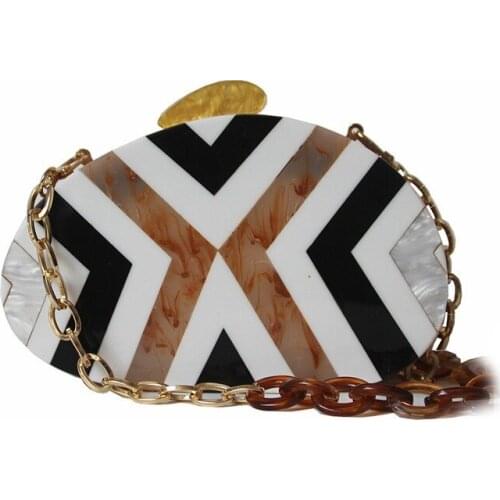 Vintage Acrylic Oval Evening Bags Women New Fashion Striped Geometric Pattern Clutch Purse Dinner Wedding Party Shoulder Bags
