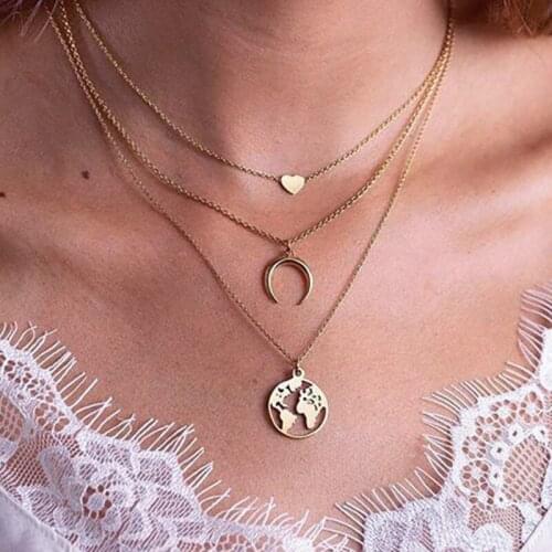 YWZIXLN 2020 Boho Multi-layer Heart Moon Pendant Necklaces For Women Girls Vintage Necklace Elegant Choker Fashion Jewelry N032