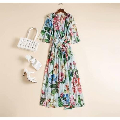 Womens American European and wear 2021 summer new style Peony printed seven-minute sleeve V-neck lace-up Fashion blue dress