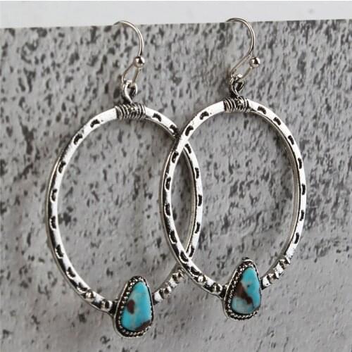 Women Exaggerated Earrings Bohemian Metal Hollow Big Circle Drop Earring Vintage Pendientes Inlaid Blue Stone Hanging Earring