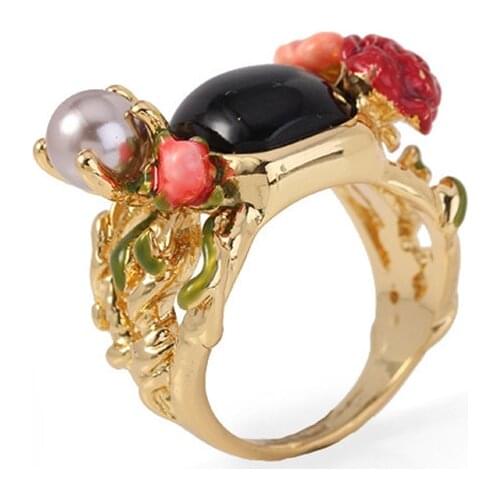 European and American Fashion Trend Personalized Handmade Enamel Glaze Retro Elegant Rose Gem Ring Womens All-match Jewelry