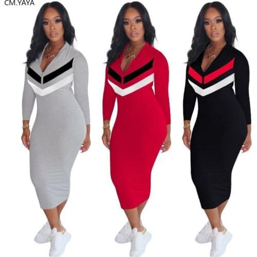 CM.YAYA Autumn Active Wear Long Sleeve Zipper Up Striped Splicing Women Sports Moto Biker Bodycon Midi Dress Vestidos