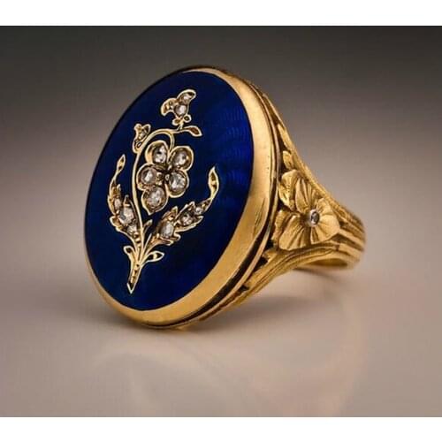 Vintage Crystal Rings Women for Blue Enamel Round Stone Carved Flower Rhinestone Ring Gothic Punk Party Jewelry Ring Gifts