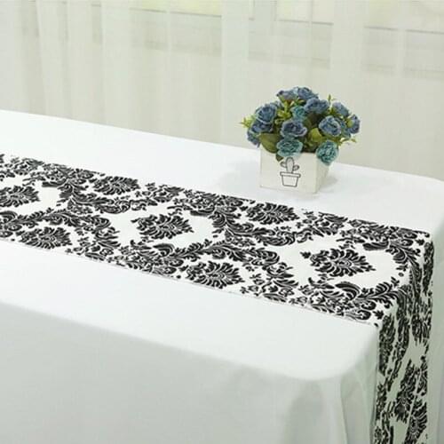 10pcs 30 x 275cm High Quality Black And White Taffeta Damask Flocking Table Runners For Wedding Banquet Party Hotel Decoration