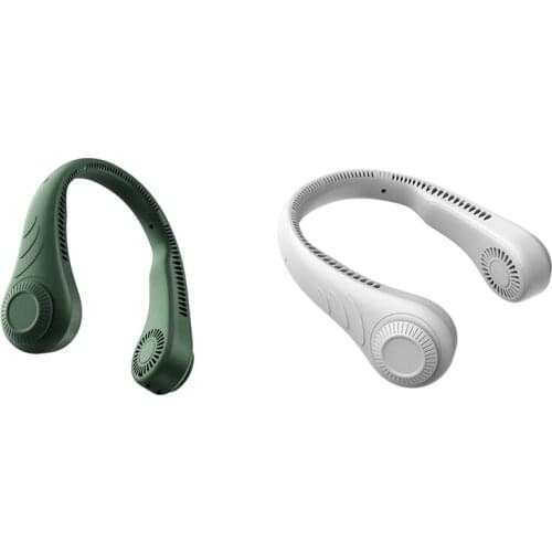 2X Leafless Hanging Neck Fan,360 Degree Lazy Neckband Fan 78 Surround Air Outlets USB 4000Mah Rechargeable,Green & White