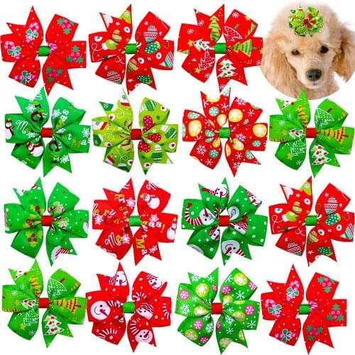 50pcs Christmas Pet Hair Accessories Red Green Pet Dog Hair Bows Alloy Clip Large Bows Large Dog Holiday Grooming Products