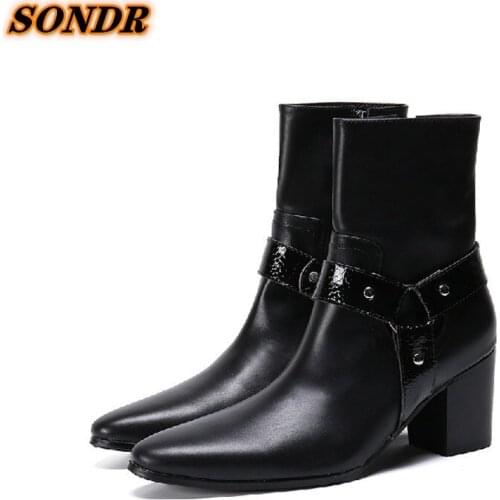 Fashion Luxury High Heels Men Boots Genuine Leather Ankle Boots Black Italian Business Dress Pointed Toe Shoes Zapatos Hombre