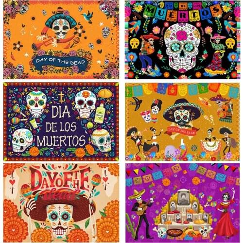 Day of The Dead Backdrop for Mexican Fiesta Sugar Skull Photography Background Dia DE Los Muertos Dress-up Party Decor Banner
