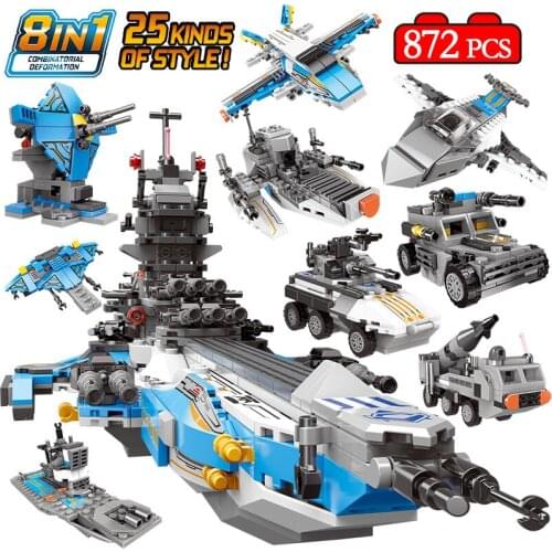 City 8 In1 WW2 Space Battleship Model Building Blocks Military Boat Aircraft Car Weapon Bricks Gifts Toys for Children