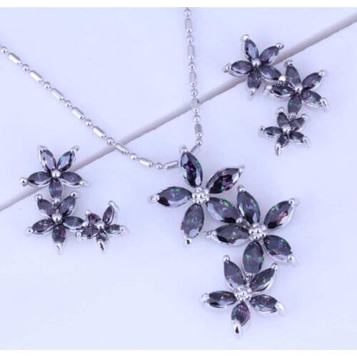 Love Monologue Exquisite Mystic Crystal Necklace/Pendant/Stud Earrings Flower Cluster Silver Color Sets X0199