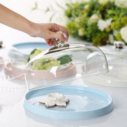 Nordic ceramic fruit snack tray, round cake cover with lid, transparent plastic snack tray, household glass cover tasting tray