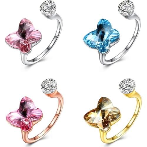 ZEMIOR Sterling Silver 925 Rings Adjustable Opening Romantic Butterfly Shape Austria Crystal Women Rings Anniversary Jewelry