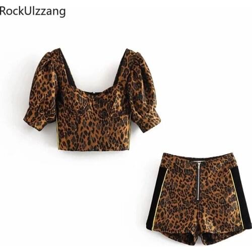 2 Piece Matching Set Zipper Square Short Sleeve Slim Crop Top Outfit Blouse High Waist Stripe Jogger Hotpant Leopard Sexy Track