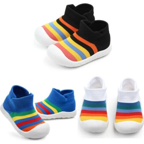 Fashion Infant Kid Baby Boy Girl Soft Sole Crib Shoe Sneaker Rainbow Anti-Slip Breathable Casual Sports Flying Woven Shoes