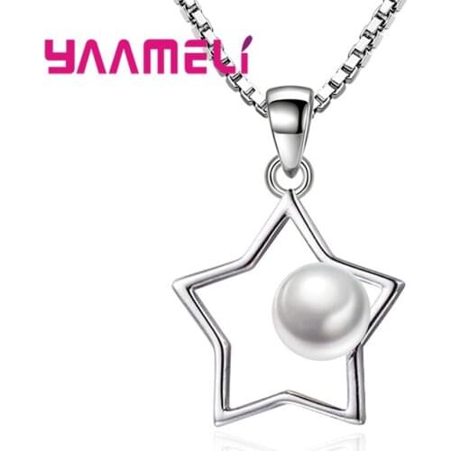 Trendy Jewelry 925 Sterling Silver Cubic Zirconia Pearl Fashion Pentastar Necklace Pendant Chain Sets Free Shipping