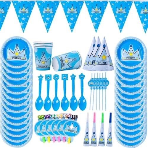 New Blue Prince Crown Birthday Decoration boy Supplies Baby Shower Party Disposable Tableware Set Paper Cups Napkins Plates
