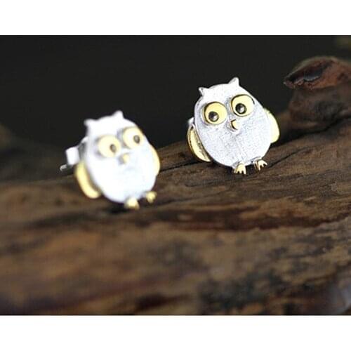 Daisies Real Pure Golden 925 Sterling Silver Jewelry Cute Owl Stud Earrings Pendientes Plata Brincos