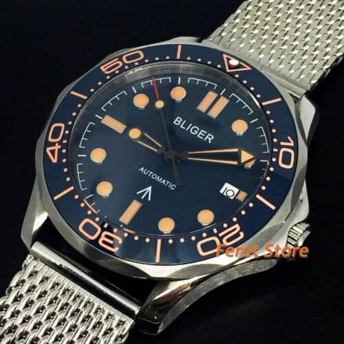 Bliger 41mm Luxury watch Silver Stainless steel Case Sapphire Glass Ceramic Bezel Blue Dial Date Mens Automatic Watch