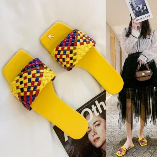 Fashion Handmade Rainbow Color Woven Women Slippers 2021 New Square Toe Open Toe Flat Sandals Women Shoes
