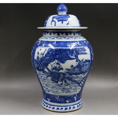 Qing Dynasty Kangxi Year Kaiguang Blue And White Figure Porcelain Ginger Jar Antique Home ceramic temple jar