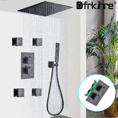 Concealed Matte Black Thermostatic Rainfall Bathroom Shower Faucet Wall Mount Shower Set Dual Handle Brass Rotate Massage Jet
