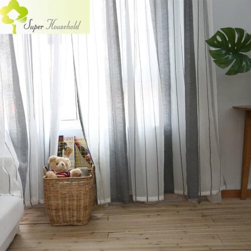 Modern Brief All-match Flax Curtains for living room Fabric Window For Striped Coffee Tulle Decorative Curtains for Bedroom