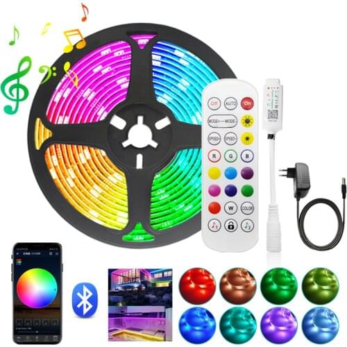 5m 10m 15m Bluetooth LED Strip Light RGB 5050 SMD 2835 Flexible Ribbon LED Lights Strip DC 12V + Remote Control + Power Adapter