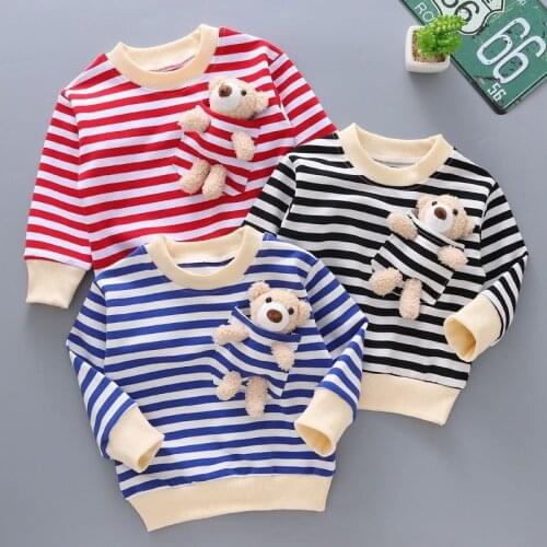 Striped Pocket Bear Baby Girls Boys Hoodies Sweatshirt Autumn Childrens Clothes O-neck Long Sleeve Tee Shirts Kids Sweater Tops