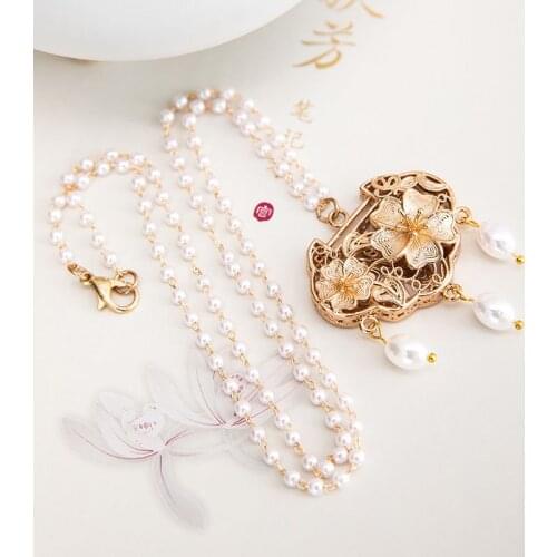 Vintage Gold Color Chain Antique Jewelry Necklace for Woman Luxury Pendant Chain Necklace Ruyi Women Pearl Necklace Lucky Gift