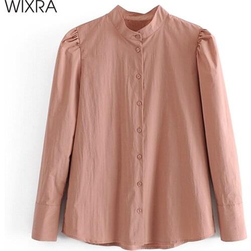 Wixra Pink Shirts And Blouses Office Lady Long Puff Sleeve Spring New Solid Stand Collar Tops For Women