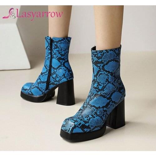 Lasyarrow Brand Fashion Snake Veins Zipper Chunky High Heels Platform Elegant Modern Ladies Woman Shoes Ankle Boots Plus Size 48