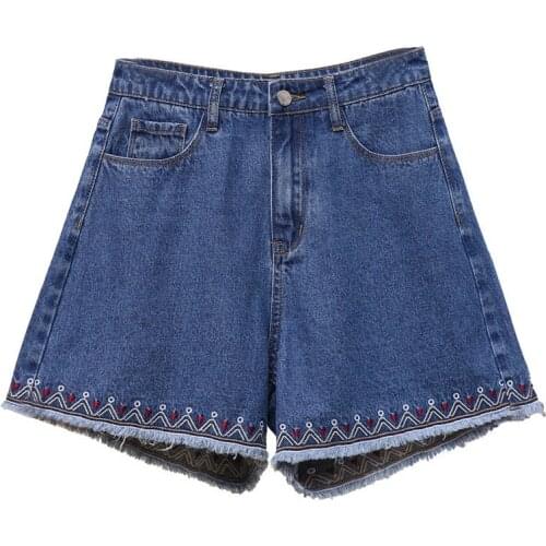 2019 Plus size XL-5XL summer denim shorts women high waist elasticity embroidered jeans female casual wide leg jeans shorts G394