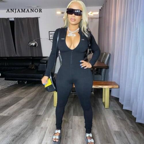ANJAMANOR Lucky Label Zipper Long Sleeve Bodyocn Jumpsuits for Women 2020 Fall Winter Sport Active Wear One Piece Outfit D87CF30