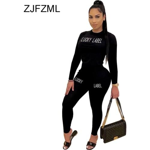 Lucky Label Letter Print Sport Tracksuits Women O Neck Long Sleeve Crop Top and Bodycon Long Pant Activewear Two Piece Sweatsuit