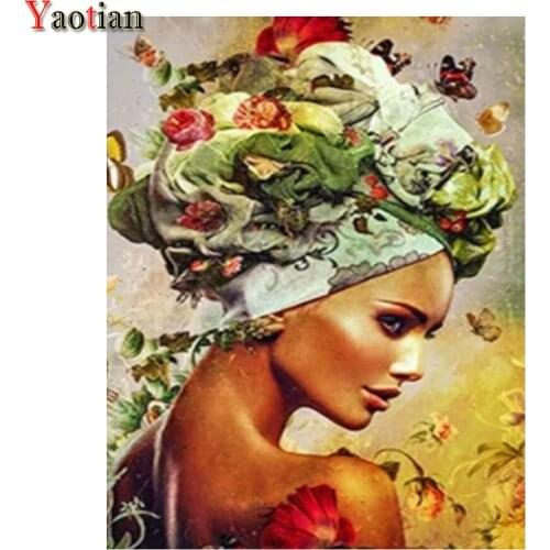 Full Drill Square 5D Diamond Painting African Woman Cross Stitch Kit Diamond Embroidery Girl Flower Wall Stickers Home Decor