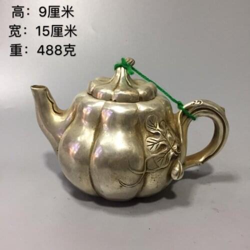 Qianlong dynasty white copper Melon Auspicious pumpkin statue Tanks Crock jar teapot crafts kettle Cupronickel tea Wine pot