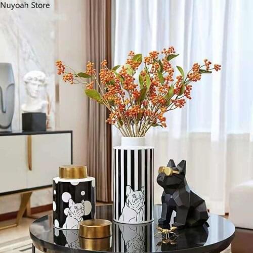 Black and White Ceramic Vase Ginger Jar Ornaments Gilded Decorative Jar with Lid Dried Flower Flower Arrangement Accessories